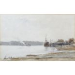 B.C.W. (EARLY TWENTIETH CENTURY), WATERCOLOUR DRAWING estuary scene with docked cargo boats