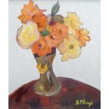 STEPHANIE DINGLE (b.1926) OIL ON BOARD 'Roses' signed, titled to 'The Gallery, Manchester label