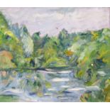 CESAR SFIER (TWENTIETH CENTURY), OIL PAINTING ON BOARD, river landscape , signed, artist card verso,