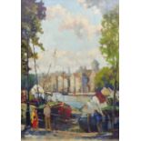 UNATTRIBUTED (TWENTIETH CENTURY) OIL PAINTING ON BOARD Continental riverscene with boats and figures