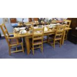 MODERN SOLID OAK DRAW-LEAF DINING TABLE AND SET OF SIX DINING CHAIRS, (4+2), the table with two