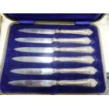 SET OF SIX FRUIT KNIVES with Victorian silver Kings pattern handles, in case, Birmingham 1898