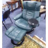 EKORNES, MODERN TURQUOISE LEATHER 'CONSUL' RECLINING EASY ARM CHAIR, with black circular base and