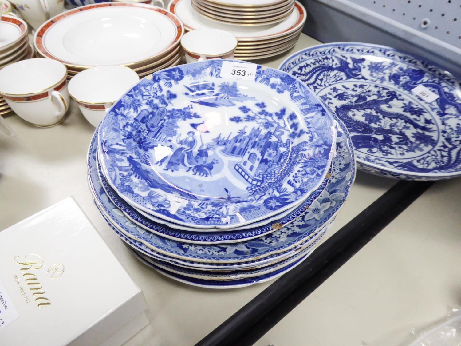 ELEVEN 19th CENTURY PRINTED BLUE AND WHITE POTTERY PLATES by Rogers & others, all with topographical