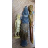 THREE SMALL AGED OBJECTS OF AFRICAN TRIBAL ART comprising a wooden figure, white metal mounted and