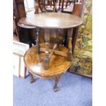 OAK OCCASIONAL TABLE, with circular top and turned supports tied by a flat X stretcher, 18 1/2" (