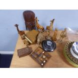CARVED WOOD- THREE GIRAFFES, AFRICAN WALL MASK, ELEPHANT, DON QUIXOTE, GRAND PIANO AND STOOL,