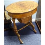 VICTORIAN FIGURED WALNUT LADIES WORK TABLE, of oval form with hinged, quarter cut top enclosing a
