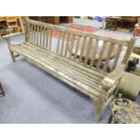R.A. LISTER, LARGE WOODEN GARDEN BENCH, with slatted back and seat, 38" (96.5cm) high, 100" x 26" (