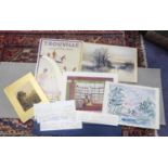 NINE LOOSE PICTURES AND PRINTS, including: FOUR SMALL WATERCOLOURS BY J. BOWEN, town scenes, ANOTHER