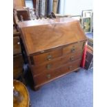 LATE GEORGIAN MAHOGANY BUREAU, of typical form , the interior fitted with short drawers and pigeon