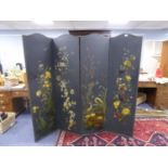 LATE VICTORIAN BLACK PAINTED CANVAS FOUR FOLD SCREEN, each section with arch top, three painted with