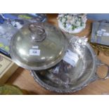 ELECTROPLATED TWO HANDLED COVERED ENTREE DISH, a selection of OLD PENNIES, THREE PENNY PIECES and