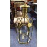 GEORGIAN STYLE MODERN GILT METAL HEXAGONAL THREE LIGHT HALL LANTERN, with Gothic arch panels and