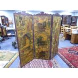LATE VICTORIAN THREE FOLD DOUBLE SIDED SCRAP SCREEN, the frame stained mahogany and with shaped