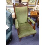 EDWARDIAN CARVED WALNUT EASY OPEN ARMCHAIR, the scroll carved top rail above moulded uprights,