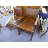 CRONWELLIAN STYLE OAK CARVER ARMCHAIR, with faux brown leather covered back and seat, and turned