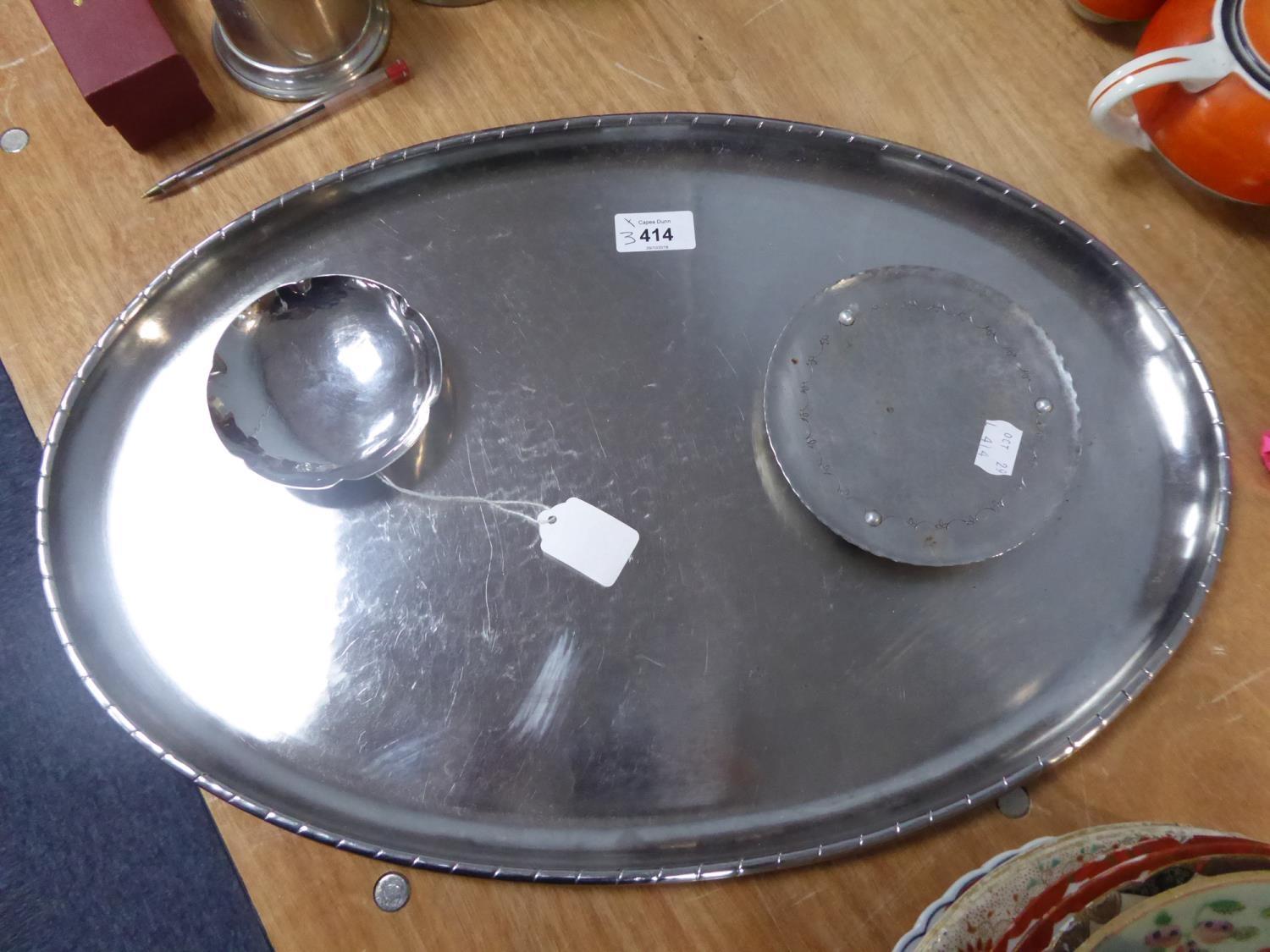 THREE PIECES OF KESWICK INDUSTRIAL SCHOOL OF ART METAL WARE, comprising a 'StayBrite' OVAL TRAY, 20"