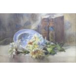 J. MARTELLIERE (EARLY TWENTIETH CENTURY) WATERCOLOUR DRAWING still life- flowers, blue dish and