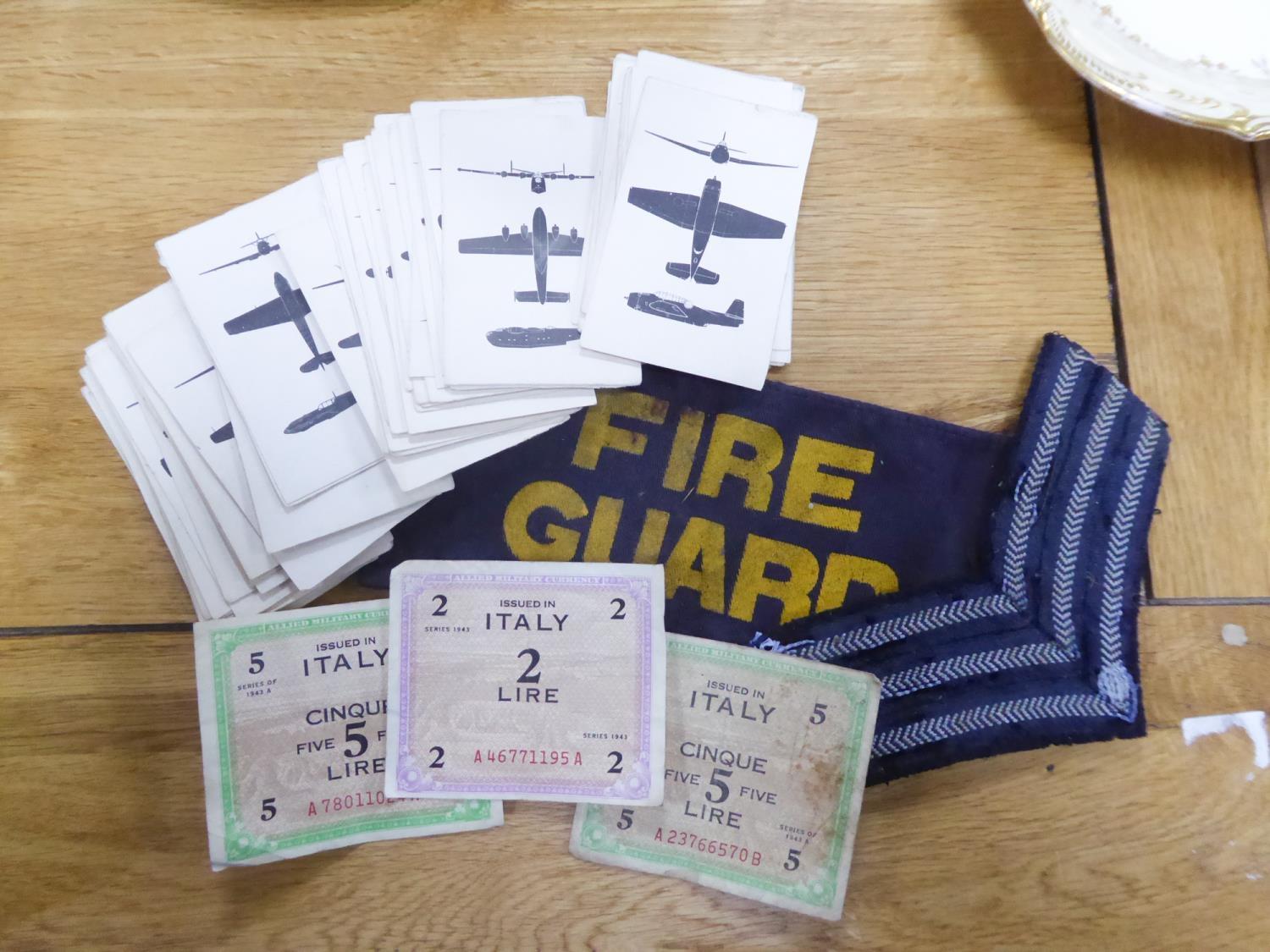 APPROXIMATELY 62 WORLD WAR II AIRCRAFT RECOGNITION CARDS, a FABRIC 'FIRE GUARD' ARMBAND, a few