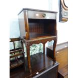 REGENCY STYLE SMALL TELEPHONE TABLE WITH DRAWER AND OPEN COMPARTMENTS, ON SABRE SHAPED FRONT