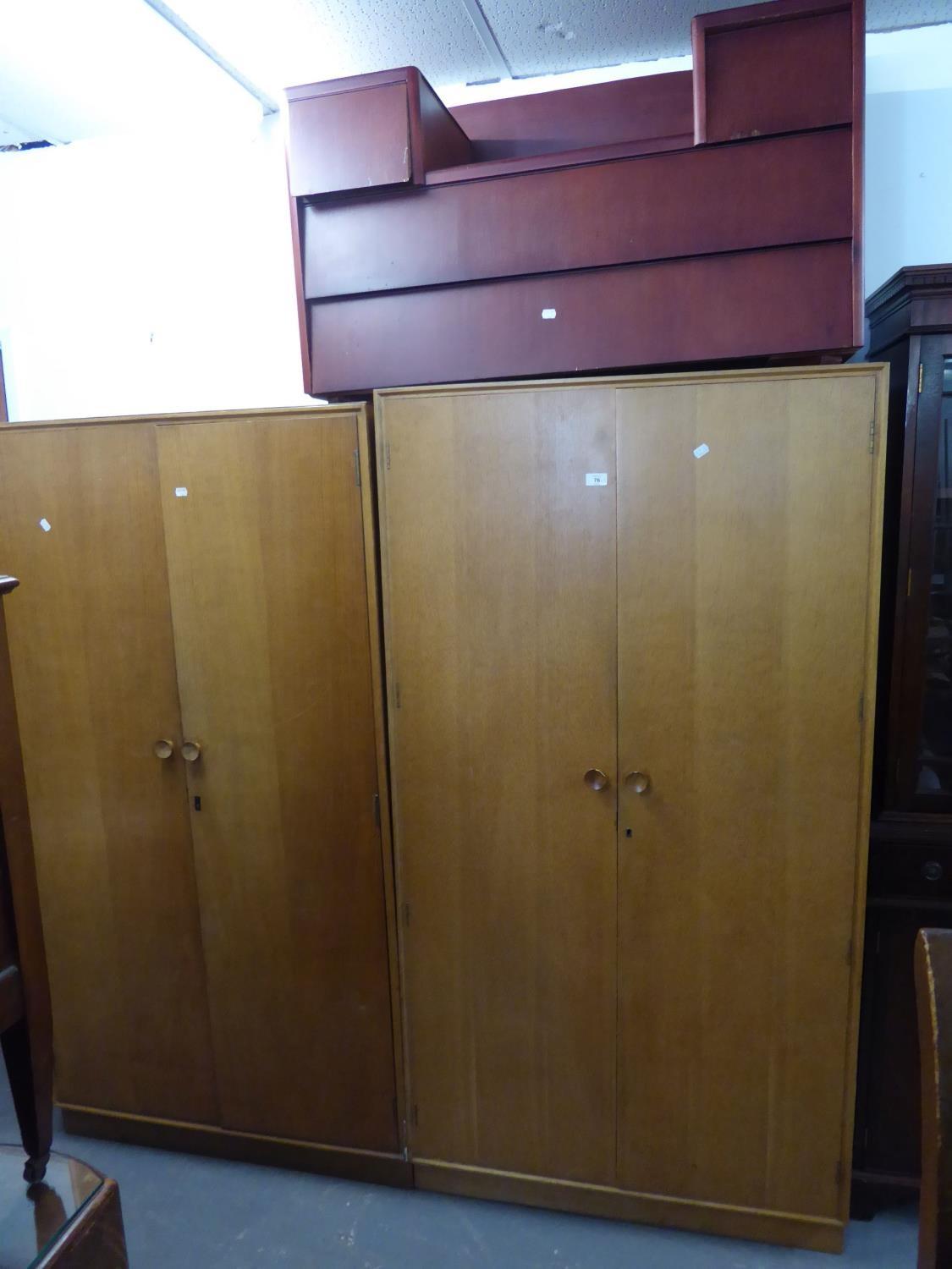 A PAIR OF 1950's LIGHT OAK TWO DOOR WARDROBES AND A SUNK CENTRE DRESSING TABLE (LACKS MIRRORS (3) - Image 2 of 3