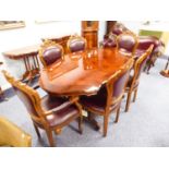 AN ITALIAN INLAID HIGH GLOSS TWIN PEDESTAL DINING TABLE, WITH SHAPED TOP AND A SET OF SIX DINING