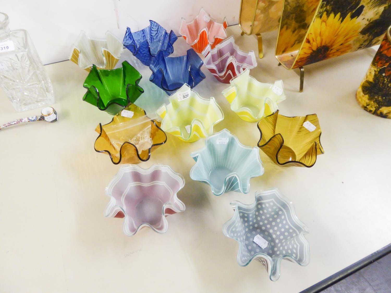 THIRTEEN COLOURED GLASS HANDKERCHIEF BOWLS