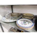 A VICTORIAN LARGE BLUE AND WHITE MEAT PLATES, CUT GLASS DECANTER AND VARIOUS PLATES