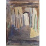 R. GUIEZ (TWENTIETH CENTURY) WATERCOLOUR DRAWING continental alleyway signed 16" x 12 3/4" (40.6cm x