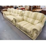 A SEMI-WINGED LOUNGE SUITE OF THREE PIECES COVERED IN STRIPED GOLD TAPESTRY, VIZ A THREE SEATER