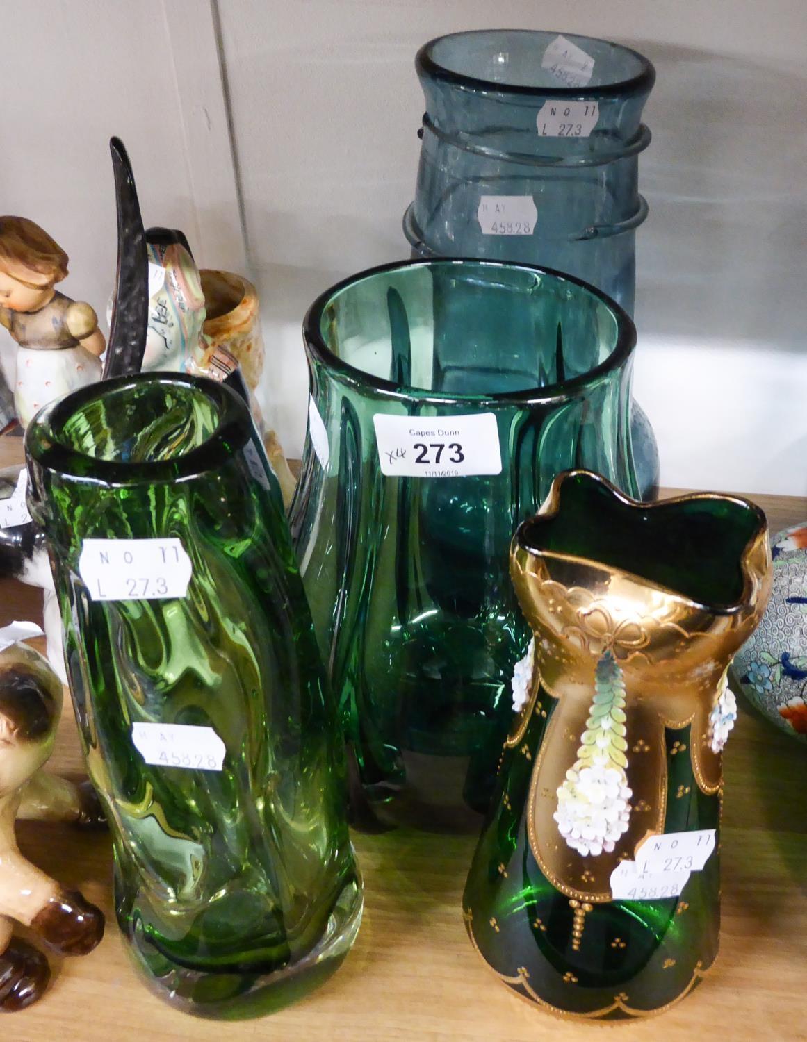 A HEAVY BLUE GLASS VASE (A.F.) AND THREE GREEN GLASS VASES, ONE WITH GILT AND FLORAL DECORATION (4)