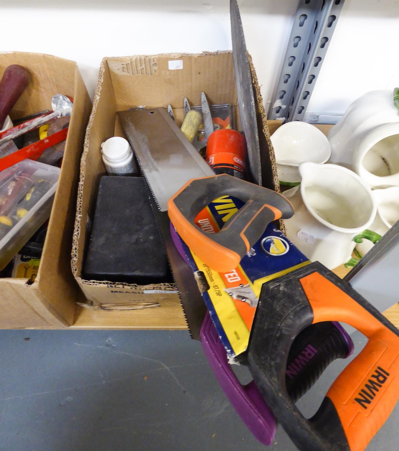 VARIOUS HANDSAWS, A LARGE GRINDNG DISC, OTHER TOOLS ETC...