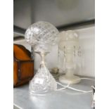 A CUT GLASS MUSHROOM SHAPE LAMP AND AN OPAQUE GLASS LUSTRE WITH GLASS DROPS (A.F.) (2)