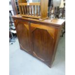 19th CENTURY MAHOGANY SHALLOW DWARF CUPBOARD WITH TWO FRAMED PANEL DOORS ENCLOSING SHELVES, ON