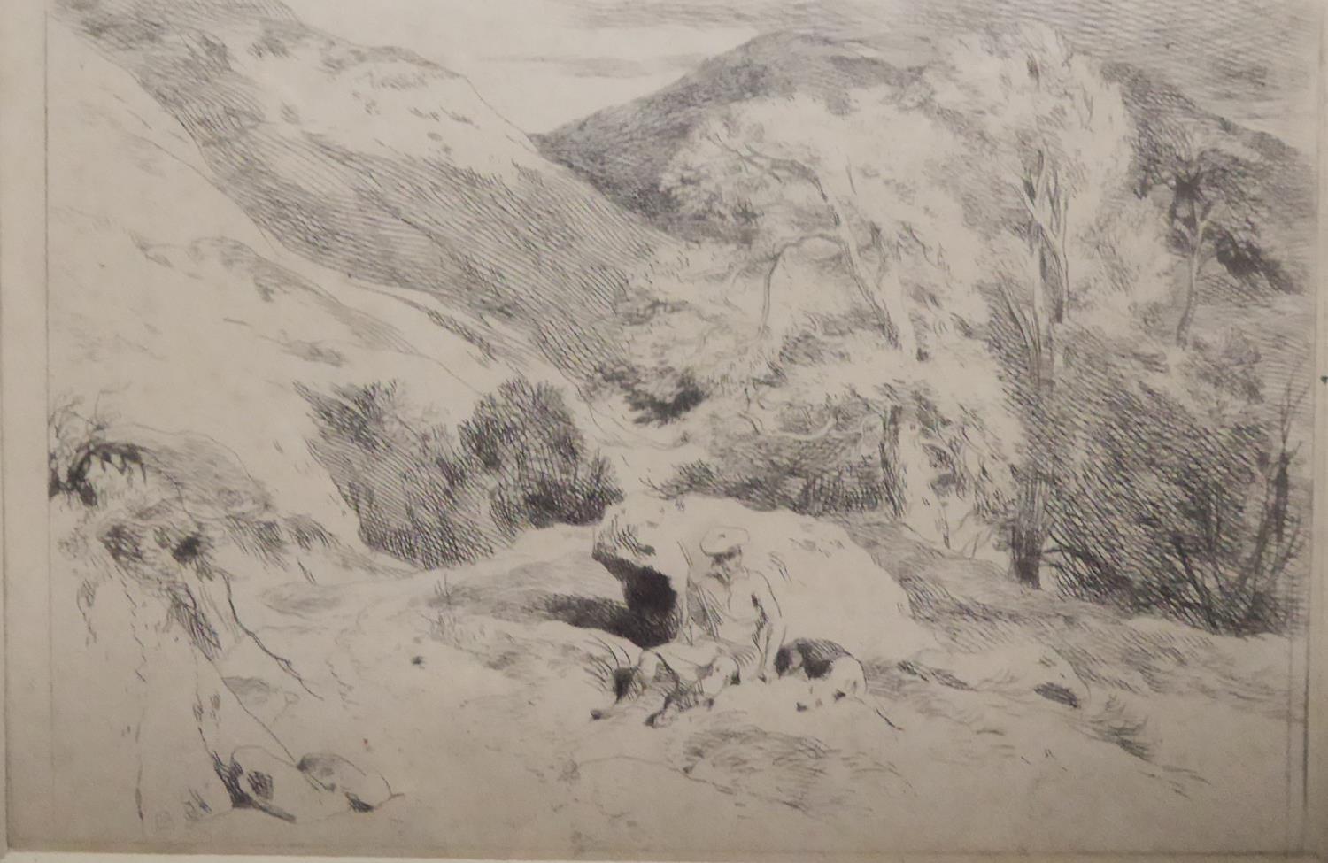 UNATTRIBUTED (LATE NINETEENTH/ EARLY TWENTIETH CENTURY) ETCHING figure at rest in an upland