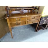 GEORGIAN STYLE MAHOGANY SIDE TABLE WITH FOUR SHORT DRAWERS WITYH BRASS DROP HANDLES, CARVED LEDGE