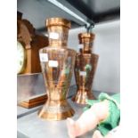 PAIR OF EGYPTIAN COPPER AND SILVER COLOURED METAL VASES