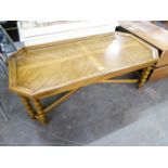 DREXEL QUARTERED OAK LONG COFFEE TABLE, OBLONG WITH CANTED CORNERS, ON FOUR PAIRS OF BOBBIN TURNED