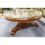 VICTORIAN MAHOGANY COFFEE TABLE, with glass protector to the circular moulded top, octagonal