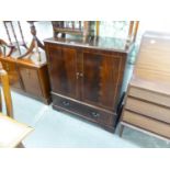 A MAHOGANY TWO DOOR TO TV CABINET WITH DROP-DOWN SECTION BELOW