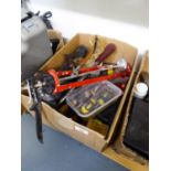 HAND TOOLS VARIOUS, TO INCLUDE; A LARGE CARTRIDGE GUN, SCREW DRIVERS ETC....