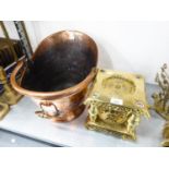 A BEATEN COPPER COAL SCUTTLE, AND A SQUARE BRASS TRIVET (2)