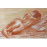 RON BURKE (TWENTIETH/TWENTY FIRST CENTURY), RED PASTEL DRAWING ON COLOURED PAPER, reclining nude,