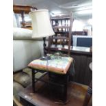 A HARDWOOD SINGLE CHAIR WITH LADDER BACK, STRING SEAT AND AN OAK SPIRAL TABLE LAMP