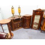 AN ITALIAN INLAID CORNER TV UNIT, TWO SIMILAR CORNER UNITS, ONE WITH GLAZED DOOR AND A CIRCULAR