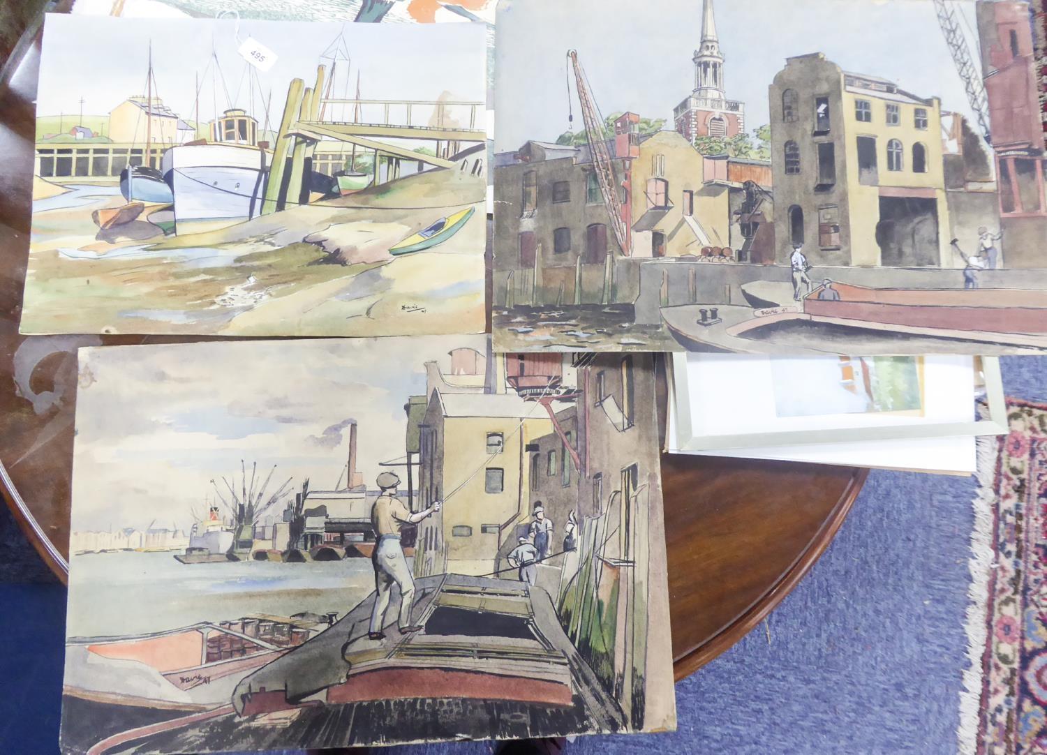 LESLIE. G. DAVIES (1909-1999) THREE WATERCOLOUR DRAWINGS Dockside scenes with boats being loaded