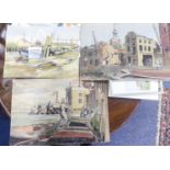 LESLIE. G. DAVIES (1909-1999) THREE WATERCOLOUR DRAWINGS Dockside scenes with boats being loaded