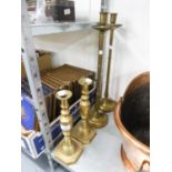 PAIR OF TALL ARTS AND CRAFTS STYLE BRASS CANDLESTICKS, WITH EXTENDED BALUSTER AND KNOP STEMS,