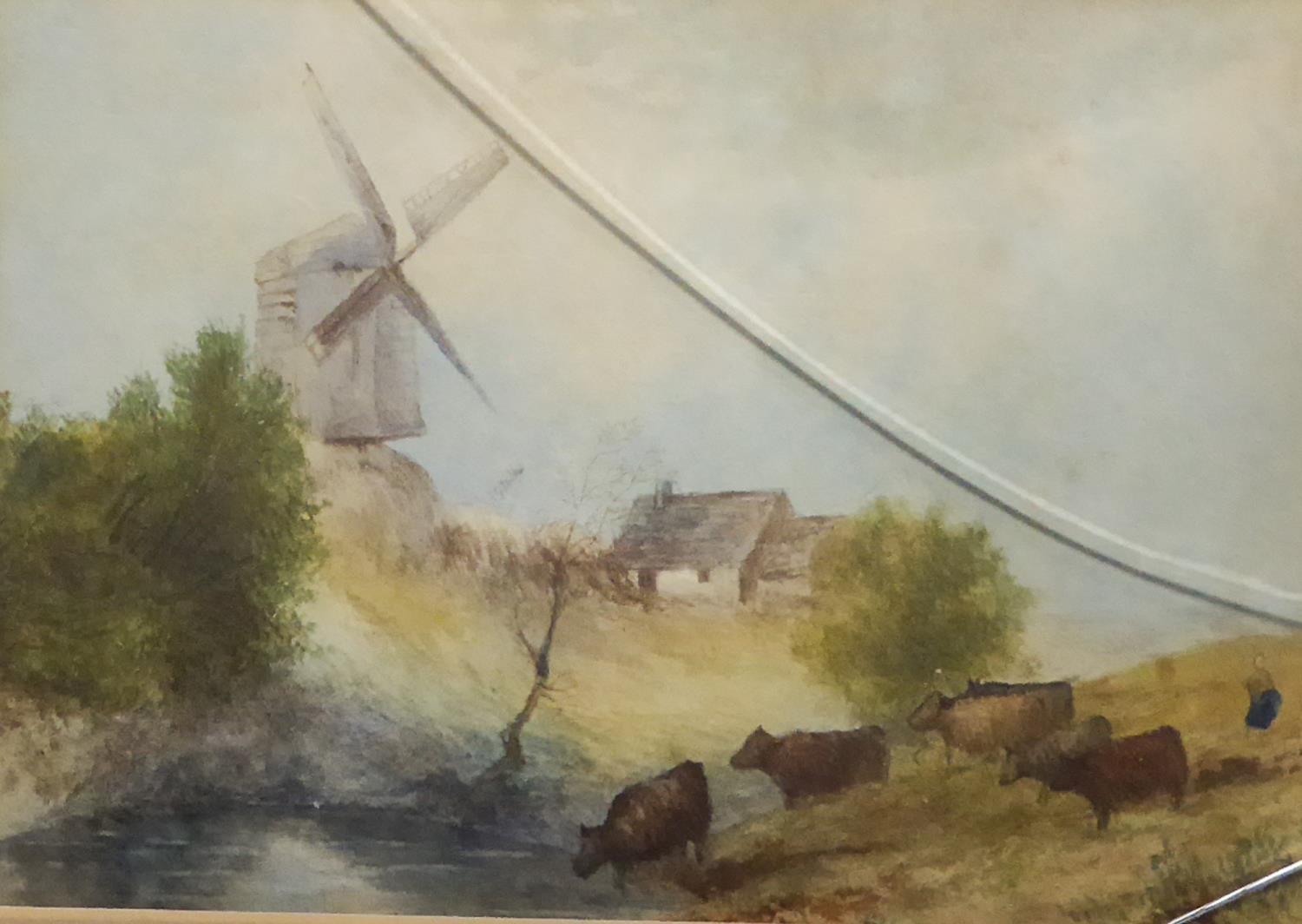 UNATTRIBUTED (NINETEENTH CENTURY) WATERCOLOUR DRAWING landscape with cattle, windmill and dwelling